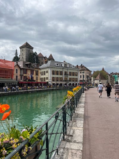 The image captures a scene in Annecy, France, showcasing a canal lined with historic buildings. The canal water is a muted green color. A dark metal railing with attached flower boxes filled with colorful flowers runs along the edge of the canal.

On the opposite side of the canal, there are several multi-story buildings with varied architectural styles, including stone towers and tiled roofs. Many of the buildings have windows with shutters and decorative details. Some buildings have outdoor seating areas, and people are seated at tables.

A pedestrian walkway runs along the edge of the buildings. People are walking and strolling along the path. The sky is overcast with gray clouds, casting soft lighting on the scene. There is some construction visible on one of the buildings with orange netting.