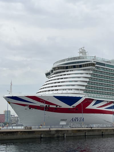 The image shows the side of a large, white cruise ship docked in a harbor. The ship has a Union Jack flag painted on its bow, with red and blue stripes extending towards the stern. The name "ARVIA" is visible in blue lettering on the ship's hull. The ship has many decks with rows of windows, and some balconies are visible. The sky is overcast and gray, suggesting it is a cloudy day. The water in the harbor is dark and choppy. The ship is docked next to a concrete pier with black bollards and a blue railing. In the background, there are industrial buildings and cranes, indicating a port or industrial area. There are no people visible in the image. The scene appears to be a still, overcast day in a port.
