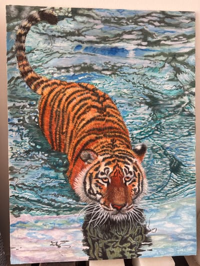 This is a painting of a tiger wading in shallow, rippling water. The tiger, depicted from its hindquarters to its face, is orange with black stripes. Its tail arches up and to the left. The water is rendered with various shades of blue, green, and white, creating a textured effect that suggests movement. The tiger's reflection is visible in the lower part of the painting, appearing as dark, somewhat abstract shapes. The background appears to be a dark, indistinct environment, possibly foliage or shadowed water. There are no people or city elements visible in the painting, and therefore no connection to Tivat, Montenegro can be made.