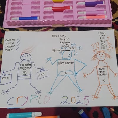 A white sheet of paper with a crayon drawing on it. There are three stick figures, all different colors, with thought bubbles above them, all labeled with words. The figure on the left is red, wearing a shirt that says "Collective Memory 8" and holding a box that says "USDT." He is labeled "ATTN." Above him are the words: "Content ✓, Invest ✓, Stake ✓, Earn ✓". The figure in the center is blue, wearing a shirt that says "Hivemapper 1." His thought bubble is filled with question marks and the words "Buy a car, Buy HDC, Snapping, Income, Earn," and "???." The figure on the right is orange, wearing a shirt that says "Over the Reality 3" and his thought bubble is filled with question marks and the words "Land, Time, Rent, Buy, Sell, Income, Earn." All figures are drawn with large, simple lines and simple features. The words "CRYPTO 2025" are written below the drawing in multicolored crayon. The drawing appears to be on a table with a pink plastic container of colored markers on top of it.