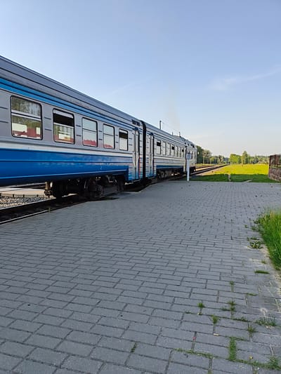 A train composed of several carriages is stopped at a station platform. The train is predominantly silver and blue, with visible windows reflecting the surrounding environment. The platform is paved with gray interlocking bricks. Beyond the platform, there are train tracks, a grassy field, and trees in the distance. The sky is clear and blue, indicating fair weather. The time of day appears to be late afternoon or early evening, as suggested by the warm lighting. A sign with text is visible next to the train. The overall scene depicts a quiet moment at a rural train station in Belarus.