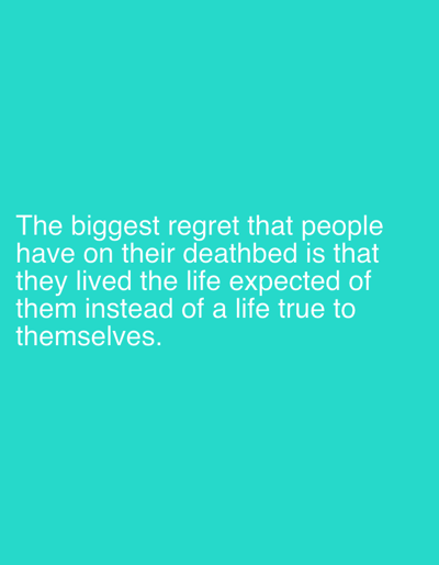The scene, observed in the city of Ablekuma, Ghana, consists of a digital display presenting a solid teal-colored background. White sans-serif text is centrally aligned within the lower half of the frame. The text reads: "The biggest regret that people have on their deathbed is that they lived the life expected of them instead of a life true to themselves." No human figures, specific physical objects, discernible actions, or interactions are present. The environment within the image is abstract and monochrome.