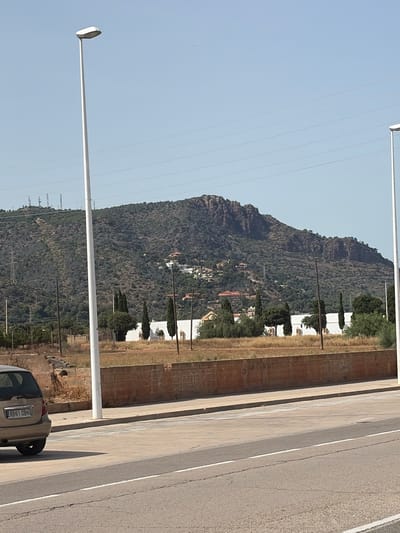 In Puçol, Spain, a tan hatchback car with license plate "8861 DBN" is parked on the left side of a paved road. Beyond the road, a narrow sidewalk runs parallel to a red brick wall. Further back, a landscape of arid terrain transitions into a steep, tree-covered hillside dotted with scattered buildings. Two tall, white streetlights stand prominently in the foreground. The sky above is clear and blue.