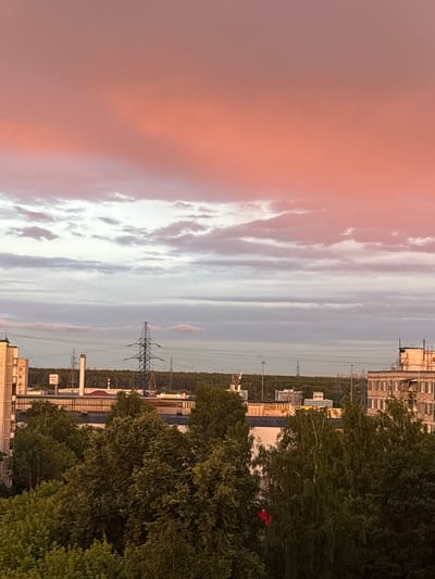 The image depicts a sunset over an urban landscape, possibly in Mytishchi, Russia. The sky is a prominent feature, with large swathes of pink and orange hues blending into a pale grey. Wispy white clouds are scattered across the sky, catching the fading light.

Below the sky, the scene transitions to a view of buildings and trees. On the right side of the image, a dense canopy of green trees dominates the foreground, suggesting a park or a tree-lined area within the city. Beyond the trees, several buildings are visible, appearing to be industrial or residential structures with light-colored facades and multiple windows.

In the distance, power lines and electricity pylons can be seen, indicating an urban or semi-urban setting with power infrastructure. The time of day is clearly sunset, as evidenced by the warm, dramatic colors in the sky. The weather appears clear, with the clouds adding visual interest rather than obscuring the view. There is no discernible activity or event taking place, giving the image a tranquil, observational feel. No text is visible in the image. The overall impression is one of a serene, end-of-day scene in an inhabited area.