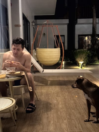 The image captures an outdoor evening scene at a resort or hotel, likely in Phú Quốc, Vietnam. A shirtless man with dark hair is seated on a patio chair, actively eating from several containers and bags placed on a small table next to him. He is holding a piece of food in his hands. He wears dark sandals with the "FILA" brand logo visible on the strap of his right foot.

Standing nearby on the light brown, wood-patterned tiled floor is a dark-furred dog, partially obscured, looking downwards towards the ground, possibly at a small piece of food. In the background, a large, light-colored wicker hanging chair with a metal frame is visible.

The surrounding area features contemporary building structures with dark windows and grey walls. Lush green plants and bushes are illuminated by warm-toned outdoor lights, casting soft glows and shadows. A metal railing is also present, suggesting a balcony or stairway. The overall ambiance is relaxed and dimly lit, typical of a warm night. On a wall behind the man, a small rectangular object, possibly a hotel room tag, is affixed, but any text on it is illegible.