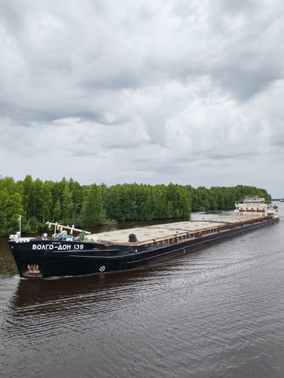 A black barge, identified by the Cyrillic inscription "ВОЛГО-ДОН 139" on its bow, is traveling on a river. The barge is laden with cargo covered by tarpaulin. Dense green trees line the riverbank. The sky is overcast with grey clouds. The water is dark and appears choppy with ripples. The scene is likely a waterway in or near Novokemskii, Russia, given the inscription on the barge which is a common naming convention for vessels operating on the Volga-Don Canal system.