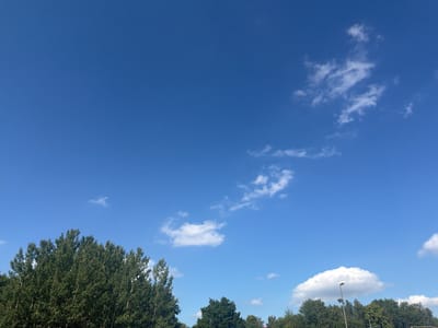 The image shows a clear blue sky with scattered white clouds. In the foreground, the tops of several dense green trees are visible, with some lighter-colored tree trunks. A street light with two fixtures is visible on the right side of the image, emerging from behind the trees. The scene is likely an outdoor park or roadside area. The image was taken in Schwentinental, Germany.