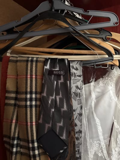 A close-up, eye-level shot shows a cluttered closet with multiple clothes hangers, some empty and some holding garments. In the foreground, hanging on a black hanger, are three neckties. The leftmost tie is dark gray with a geometric pattern and a black label with "BOSS HUGO BOSS" printed in white. Next to it is a lighter gray tie with a similar abstract pattern. The rightmost tie is partially visible and appears to be dark brown or black. To the left of the ties, a tan and brown plaid scarf is draped over a hanger. To the right of the ties, a white garment, possibly a dress, is covered in a clear plastic garment bag, adorned with white lace details. The background consists of more hangers and the wooden interior of the closet. This scene is not located in Tutrakan, Bulgaria.