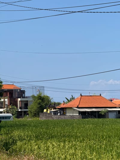 A serene scene unfolds in Sukawati, Indonesia, where a vibrant green rice field dominates the foreground. The lush crop sways gently under a clear blue sky, punctuated by a few wispy clouds and thin, dark power lines crisscrossing the upper frame. In the middle ground, traditional Balinese houses with distinctive orange tiled roofs stand nestled among trees and modern structures. A white van is parked on the left, and a glimpse of a net enclosure with a basketball hoop can be seen in the distance. The atmosphere is tranquil, capturing a typical day in this Indonesian locale.