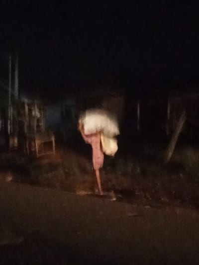 In dim lighting, a blurry figure carries a large, light-colored sack over their shoulder. The figure appears to be wearing light-colored clothing, possibly pink pants. The subject stands on what looks like a road or path. In the background are vague shapes that could be structures or trees. The scene is dark and obscured, making details unclear.