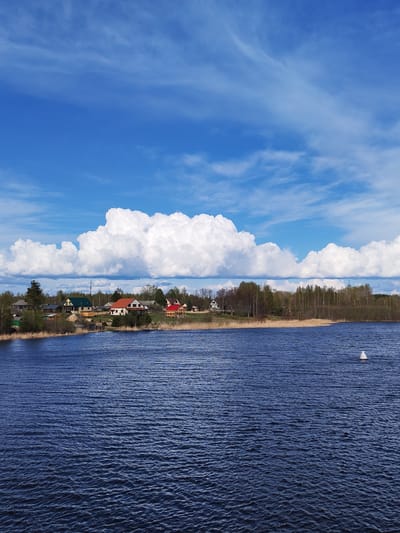 The image shows a body of dark blue water, possibly a lake or river, under a bright blue sky dotted with fluffy white clouds. On the opposite shore, there is a cluster of houses, some with red roofs, nestled among trees. Reeds line the shoreline in certain areas. A white buoy is visible in the water. The location is likely near the village of Анхимово, Russia, given the landscape features.