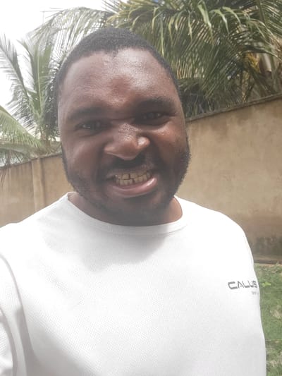 The image is a close-up selfie of a smiling man with dark skin, a beard, and short black hair. He is wearing a white t-shirt with a logo on the lower left. The background consists of a beige wall and palm tree foliage. Given the prompt includes Suleja, Nigeria, it is likely the image was taken there. The lighting is bright, indicating it's likely daytime. The subject's focus is directly at the camera.