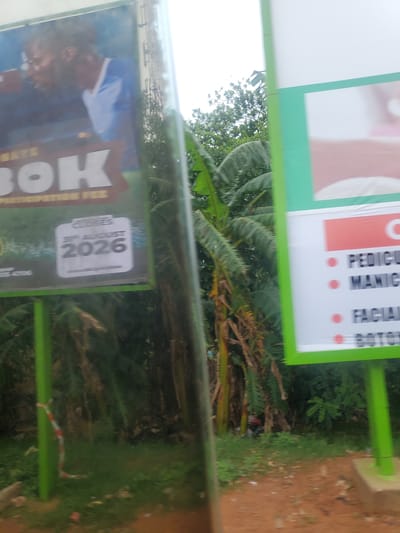 The image captures an outdoor scene featuring two advertising billboards set amidst lush green foliage and reddish-brown soil, likely in a tropical or subtropical region such as Television, Nigeria. The lighting suggests it is daytime.
The upper billboard, framed in bright green, advertises beauty services. Partially visible text, presented with red bullet points, includes "PEDICU" (likely Pedicure), "MANIC" (Manicure), "FACIAL," and "BOTTO" (possibly Botox or a similar treatment).
The lower billboard, also with a green frame, displays an image of a person, possibly a child or young adult, appearing to interact with a book. Visible text on this billboard includes "BOK" (part of a word, possibly "BOOK") and "FREE." A notable detail on this billboard is the phrase "CLOSES 31 AUGUST 2026," indicating a deadline for an associated campaign or event.
The background is dominated by dense green vegetation, with large-leaved plants resembling banana trees visible, and patches of dirt. No people are actively present in the immediate scene, and no specific events are unfolding beyond the static display of the advertisements.