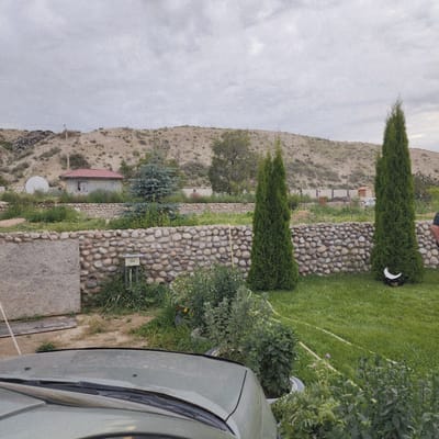 The image depicts an overcast outdoor scene with a partially visible car in the foreground, its hood and windshield wipers visible. The background features a low, beige hill with sparse vegetation. A stone wall constructed from rounded river stones runs horizontally across the midground, separating a grassy area from a more rugged terrain. Behind the stone wall, a small, light-colored building with a red roof is situated. Two tall, slender evergreen trees stand prominently in the foreground on the right side of the image. In the far distance, a light-colored car is parked near a small wooden structure. The overall environment suggests a rural or semi-rural setting within the city of Төрт-Күл, Kyrgyzstan.
