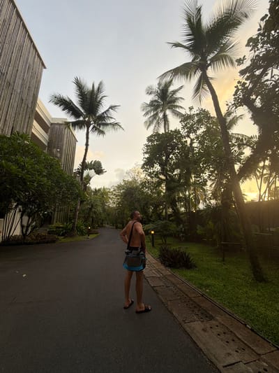 The image depicts a pathway lined with lush tropical vegetation and palm trees, leading towards a modern building with a textured wooden facade. A shirtless man stands facing away from the camera, looking towards the sky and the trees. He is wearing blue shorts and flip-flops, and carries a bag slung over his shoulder. The scene appears to be set at dusk, with soft lighting filtering through the trees. The location is identified as ตำบล เขาหลัก, Thailand, suggesting a resort or hotel setting in a tropical environment. The pathway is paved with asphalt, and a concrete drainage channel runs alongside the grassy area. Small yellow lights are visible along the path.