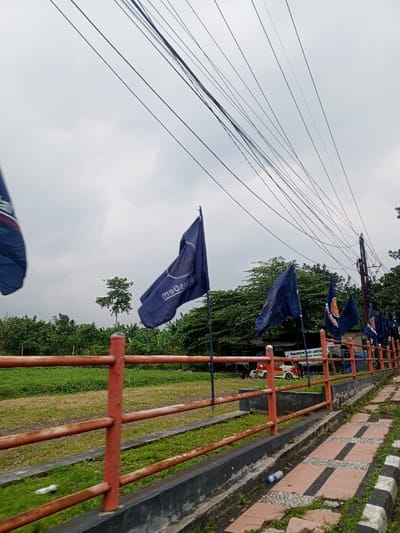 The image depicts an outdoor scene in Qorday, Kazakhstan, observed under an overcast sky. Overhead, multiple dark power lines extend horizontally and diagonally across the upper portion of the frame, leading towards a utility pole visible on the far right. A series of dark blue flags, each mounted on a pole, line the right side of the image. The flags display white text and logos; one flag clearly shows a mirrored "medes" text, and another features a white basketball emblem. A paved walkway, composed of alternating light and dark grey rectangular tiles, runs alongside these flags, bordered by a black and white striped curb. Adjacent to the walkway is a three-bar metal railing, painted an orange-red color and exhibiting visible rust. Beyond this railing lies a grassy, undeveloped area containing scattered trees and dense green foliage. In the background, partially obscured by the foliage, a light-colored, small, three-wheeled utility vehicle is visible next to a structure, with a banner featuring the text "BAROKAH JAYA". A single white plastic bottle rests on the ground near the base of the railing. No people are present, and no discernible actions or interactions are occurring.