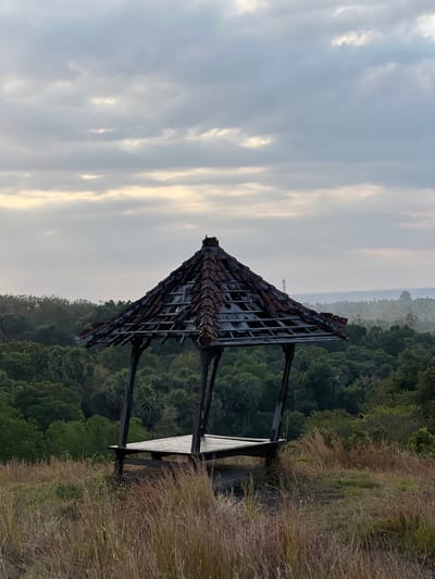 An abandoned, open-sided gazebo with a damaged tiled roof stands on a grassy hilltop overlooking a dense forest and a misty coastline in Kubutambahan, Indonesia. The structure has four dark wooden pillars supporting a hexagonal, exposed wooden frame where red tiles are missing or dislodged. The wooden floor of the gazebo appears weathered but intact. Tall, dry grass covers the foreground, with scattered green vegetation amongst it. The background is dominated by a lush green canopy of trees, stretching towards a hazy horizon where the ocean meets the sky. The sky is overcast with soft grey and white clouds, allowing diffused light to illuminate the scene. No people are present.