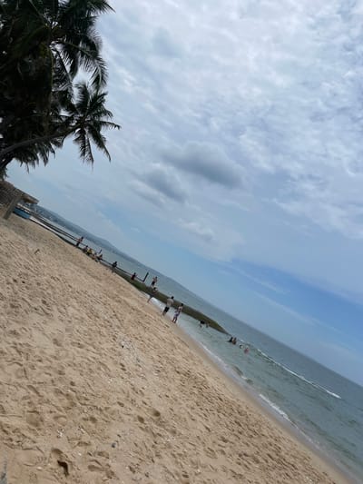 The image captures a diagonal view of a sandy beach with scattered shells and footprints. Palm trees are visible on the left, with coconuts hanging from one. In the distance, along the shoreline, a concrete structure extends into the ocean, with several people standing on it and some wading in the water. The sea is calm, with small waves. The sky is partly cloudy, with patches of blue visible. The scene is set in Phan Thiết, Vietnam, suggesting a typical coastal area.