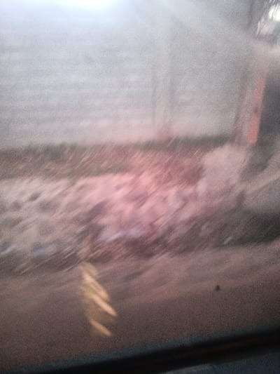 The media file is an exceptionally blurry and grainy photograph, seemingly captured through a window, most likely from a moving vehicle, given the pronounced motion blur that renders most details indistinct. A dark, indeterminate horizontal band across the very bottom edge suggests a vehicle's interior or window frame.
The scene depicts an outdoor environment. The upper section is dominated by a pale, diffused light, which could be an overcast sky or a light-colored, distant structure like a wall or building. The middle ground is a swath of abstract reddish-brown and grayish textures, possibly representing uneven terrain, dirt, or sparse ground cover, with some pinkish hues diffused throughout. In the lower-left, elongated yellowish blurs are visible, which may be reflections on the window surface or highly distorted light sources.
No identifiable people or specific objects can be discerned within the extreme blur. The muted color palette of grays, browns, and soft pinks suggests either an overcast day or possibly the light conditions of dawn or dusk. The image primarily conveys a sense of speed and transient observation rather than a clear depiction of a specific place in Ewuaso Oonkidong'i ward, Kenya. There is no visible text.