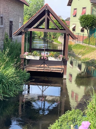 The image depicts a waterside scene in Gerstheim, France, likely in the summer. The perspective is from ground level, looking upwards and slightly towards the right, with the overall image rotated 90 degrees counterclockwise.
The central subject is a wooden structure with a gabled roof, resembling a small boathouse or a part of a water mill. It has an open front, revealing a wooden gate or sluice mechanism that allows water to pass through. Hanging from the structure are chains, and a planter box filled with pink and orange flowers is attached to the railing.
The structure is situated over a body of water, which reflects the surrounding environment, including buildings and vegetation. The water appears calm but with ripples distorting the reflections. Lush green grass and reeds grow along the banks of the water, some of which are in the foreground.
In the background, to the left, is a light green building with red shutters on its windows. Further in the background, more buildings and trees are visible, suggesting a village or town setting. The sky is bright, indicating daytime, and the lighting suggests it could be late afternoon or early morning with the sun casting distinct shadows.
The overall atmosphere is tranquil and picturesque, showcasing a blend of man-made structures and natural elements. There is no visible text in the image.