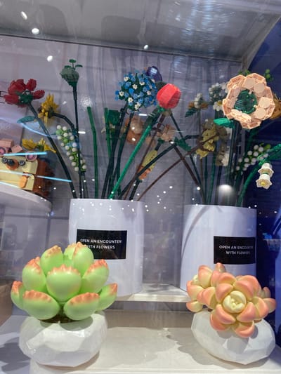 This media file displays a retail display case, likely in a store located in East Jakarta, Indonesia. The scene showcases a collection of LEGO floral arrangements and succulent plant models.
The primary subjects are the meticulously constructed LEGO flowers. These include a large, light pink and cream-colored flower with layered petals at the top, a red rose, a cluster of small blue flowers with white accents, and a yellow sunflower. The flowers are arranged with green LEGO stems and leaves. Two white cylindrical containers are visible, each featuring a black label with white text. The text on the top container reads "OPEN AN ENCOUNTER WITH FLOWERS" and the text on the bottom container appears to be the same.
Interspersed with the LEGO flowers are two realistic-looking succulent plant models, one with pale pink and yellow-green fleshy leaves, and another with vibrant green leaves tipped with pink. Both succulents are housed in geometric white planters.
The background suggests a clean, indoor retail environment with diffused lighting. The overall presentation implies a display designed to showcase these decorative items, possibly in a toy store or a home decor section. There is no indication of people or a specific time of day or weather conditions. The overall impression is one of neatness and artistic display.