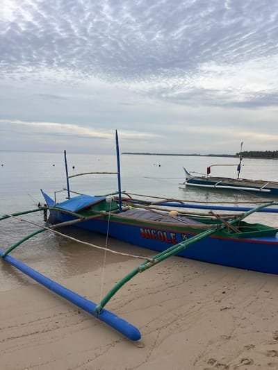 The image depicts a tranquil scene of two traditional outrigger boats docked on a sandy beach. The primary boat in the foreground is a vibrant blue with red and green accents. The word "NICOLE" is clearly visible in orange lettering along its side, along with the number "16". The boat is partially submerged in calm, clear water, with its outriggers resting on the wet sand. The beach itself is light brown and appears to be well-trodden, with faint footprints visible.
Behind the main boat, another similar outrigger boat is visible, further out in the water. The sea is placid and reflects the overcast sky, which is filled with textured clouds that range from pale white to soft gray. The horizon is visible, with a distant shoreline that appears to be lined with vegetation. The overall atmosphere is serene and peaceful, suggesting an early morning or late afternoon setting given the soft, diffused light. The location appears to be a coastal area in the Philippines, given the presence of outrigger boats and the general scenery. There are no people visible in the image.
