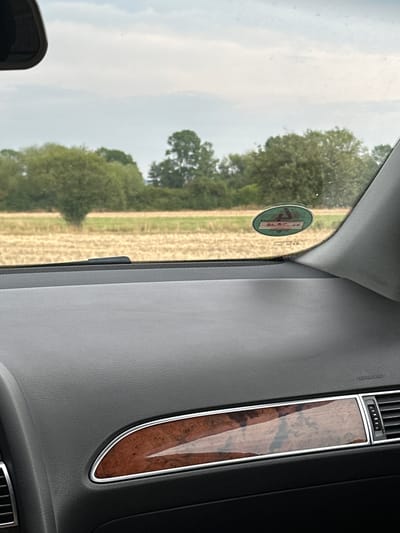 The image shows a view from inside a car, looking out through the windshield. The dashboard of the car is visible in the foreground, with a wood-grain trim piece and an air vent. Outside the car, a field of dry grass or straw is visible, with trees and a cloudy sky in the background. A circular sticker with green and red markings is affixed to the windshield on the passenger side. The scene is consistent with a rural setting in Stettfeld, Germany, likely during the harvest season.