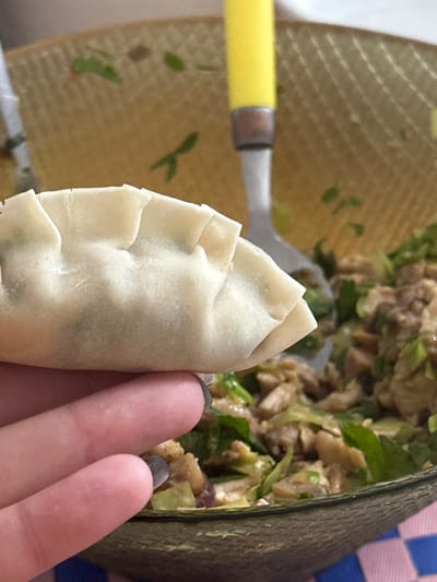 A close-up, high-angle shot captures a person's hand holding a single dumpling against a blurred background of a meal. The dumpling, featuring distinctive pleated edges, is held between the thumb and forefinger. The person's fingernails are painted with a dark color, possibly black or dark grey.

In the blurred background, a meal is visible, contained within what appears to be a dark-rimmed bowl or plate. The food consists of a mixture of green leafy vegetables and diced or shredded protein, such as chicken, coated in a light sauce. A fork with a bright yellow handle and silver tines is partially visible on the left side of the frame, resting near the background food.

The surface beneath the meal is a light tan or beige color, adorned with faint, delicate green leaf-like patterns, suggesting a placemat or tablecloth. A small portion of a blue and white checkered pattern is also visible on the far right edge of the image. The scene suggests an indoor setting, likely a dining or kitchen area in Egkomi Lefkosias, Cyprus, during daylight hours or under good artificial lighting. There is no visible text in the image.