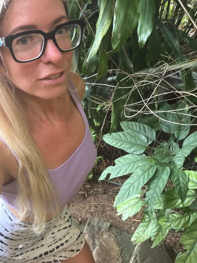 In a close-up, low-angle shot, a woman with blonde hair and blue eyes is pictured outdoors, partially obscured by lush green foliage. She is wearing large, black-rimmed glasses and a lilac-colored tank top. Her skirt, visible in the lower portion of the frame, features a black and white tie-dye pattern. The background consists of dense vegetation, suggesting a natural or garden setting, possibly within the city of Xuân Thành, Vietnam. The overall lighting and composition indicate a casual, selfie-style photograph taken amidst the greenery.