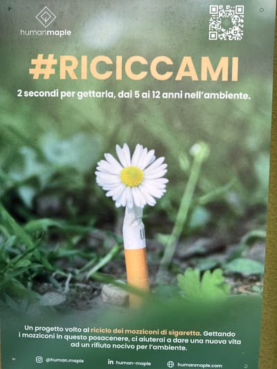 The image is a poster with a green background and a close-up of a cigarette butt with a daisy flower emerging from its tip. The cigarette butt is orange and white, and the daisy is white with a yellow center. The poster has text in Italian. At the top left, there is a logo with the text "humanmaple". Below the logo, it says "#RICICCAMI" in large orange letters, followed by "2 secondi per gettarla, dai 5 ai 12 anni nell'ambiente." In the bottom section of the poster, there is text that reads "Un progetto volto al riciclo dei mozziconi di sigaretta. Gettando i mozziconi in questo posacenere, ci aiuterai a dare una nuova vita ad un rifiuto nocivo per l'ambiente." Below this, social media handles and a website are listed: "@human.maple", "in human-maple", and "humanmaple.com". There is also a QR code in the top right corner. The setting appears to be outdoors, with grass and blurred green foliage in the background. The poster is promoting an anti-littering campaign about cigarette butts. There are no people or actions depicted in the image, only static elements of the poster. The location of Mejaniga, Italy is not explicitly mentioned or visually indicated in the image.