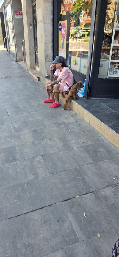 A man wearing a pink t-shirt, pink shorts, a grey baseball cap, and red Crocs sits on a step outside a storefront. He has tattoos on his arms and is holding a cigarette. A small brown poodle stands next to him on the step, on a leash. A bottle of beer is on the step next to the man. The storefront appears to be a commercial establishment, with posters visible in the window. The ground is paved with gray rectangular tiles, and there are several cigarette butts on the ground. The man is looking down and appears to be in contemplation. The scene takes place outdoors, on a sidewalk in the city of Huesca, Spain.