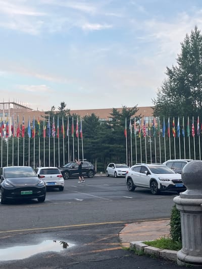 In Changchun City, China, a man is playing badminton in a parking lot in front of a building adorned with numerous national flags. The man, dressed in a black t-shirt and shorts, is captured mid-air as he attempts to hit the shuttlecock. Several cars are parked in the lot, including a black Tesla in the foreground with a green license plate. A white Volkswagen Golf and a white Subaru are also visible. The background features a modern building with a glass facade, surrounded by trees and a clear sky with some clouds. The ground is asphalt, with a puddle reflecting the sky and trees. The flagpoles are arranged in a semi-circle.