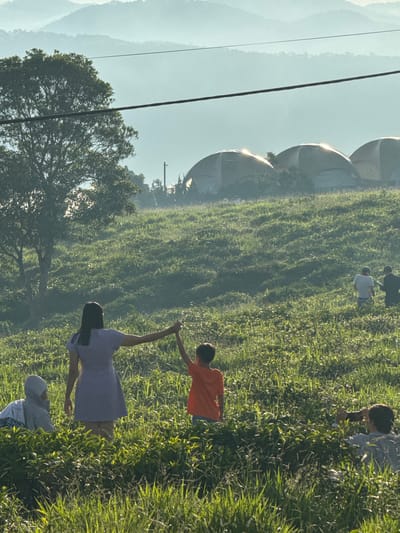In Phát Chi, Vietnam, on a grassy hillside, a group of people are scattered amongst the vegetation. In the foreground, a woman in a purple dress holds the hand of a young boy in an orange shirt. To the left, a person wearing a grey hooded jacket sits amongst the plants, and to the right, another person with a brown jacket is partially visible. In the background, a large tree stands on the left side of the image, and three dome-shaped structures are visible on the right. Distant mountains are silhouetted against a hazy sky.