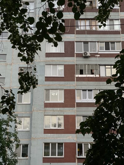 This is a medium-angle, eye-level shot of a residential building exterior, partially obscured by dark green foliage in the foreground. The building is constructed with alternating vertical bands of small, light blue mosaic tiles and a reddish-brown tile. A prominent feature of the building is its numerous windows, which vary in size and style. Some windows are divided into multiple panes, while others are larger and more modern. Many of the windows appear to be empty, reflecting the sky or interior spaces.
On the upper levels, several windows have white frames, and some contain visible air conditioning units. One window on the second level from the top appears to be broken, with shattered glass visible. On the lower levels, more windows are visible, some also reflecting the sky and others showing hints of interior furnishings or activity. In one lower-right window, a dark silhouette of a person can be seen.
The overall impression is of an apartment building in an urban setting. The foliage suggests it might be springtime or summer. The lighting is somewhat dim, possibly indicating an overcast day or late afternoon/early evening. There is no visible text in the image. The scene evokes a sense of everyday urban life.