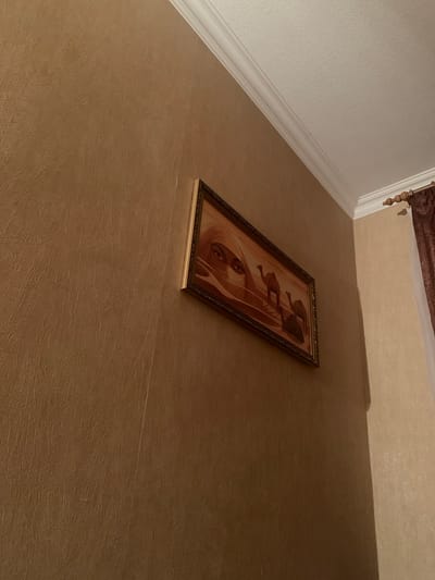 The image shows a framed painting of camels and a veiled woman's eyes hanging on a textured brown wall. The painting is rectangular with a gold frame. The wall is lit from the right, casting a shadow to the left. In the upper right corner, a white ceiling with crown molding is visible, along with a brown curtain. The scene appears to be indoors, possibly in a home or hotel room. No specific location in Armavir, Russia can be determined from the image.