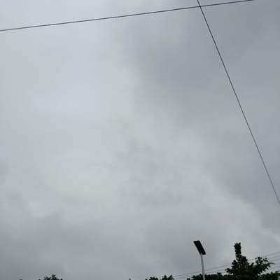The image depicts an overcast sky above the city of Gwarinpa, Nigeria. Two dark electrical wires cross diagonally against the muted gray clouds, with one running from the upper left towards the center and another from the upper right descending towards the lower right. In the lower section of the frame, a modern, black solar-powered street lamp on a white pole is visible on the left. To the right of the lamp, the dark green foliage of trees forms a border along the bottom edge of the image, with some of the leaves appearing sharp and defined. The overall atmosphere is somber, indicative of cloudy weather.