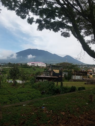 This image, taken in the city of Sat Thay (East), Myanmar, depicts an expansive outdoor scene featuring mountains, cultivated land, and scattered buildings under an overcast sky.
In the background, a large, dark mountain range dominates, with its peaks partially obscured by white clouds. To the right of the main mountain, a smaller, more distant mountain peak is visible. The sky above is largely cloudy and white, with hints of blue visible through gaps in the clouds.
The midground features a blend of natural and man-made elements. A large, multi-story white building with a prominent pink-red roof section is centrally located, positioned on a rising slope amidst terraced green fields. A communication tower, a lattice structure with antennas, stands behind this building, and another is visible on a distant hillside to the right. Below and to the right of the white building, a cluster of smaller, less formal structures made of corrugated metal and other materials is present. One of these buildings prominently displays a large yellow banner with dark text, partially legible as "RUMAH WI-FI JOSS" and other smaller text. Various trees and dense green foliage are interspersed throughout this area, and a small white vehicle is partially visible among the trees on the left.
The foreground is characterized by lush green vegetation, primarily low-lying plants that appear to be cultivated or wild growth, with a raised earthen or concrete bank running horizontally across the lower middle. Scattered pieces of litter, including plastic, are visible on the ground near this bank. In the lower-left quadrant, a single individual is observed bent over amidst the dense greenery, wearing dark clothing and a light-colored head covering, engaged in an activity consistent with working the land. From the upper right, a large tree branch with dense green foliage extends into the frame, partially obscuring the sky and distant view; its textured, possibly moss-covered trunk is visible along the right edge.