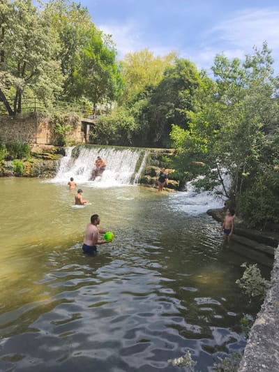 In Campezo, Spain, a group of people are enjoying a swim in a river with a small waterfall. The water is a murky green, and the riverbed is lined with rocks. Lush green trees and vegetation surround the river, with a stone wall and remnants of a structure visible on the left bank. The sky is blue with scattered clouds.

Several individuals are in the water. In the foreground, a man in blue swimming trunks holds a green and yellow ball. Further back, three young men are visible near the waterfall, two sitting on the rocks and one standing. To the right of the waterfall, a young boy stands in the water. Further to the left and closer to the waterfall, a woman in a black swimsuit is standing in the shallow water. The overall scene depicts a recreational summer day by a natural water feature.
