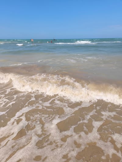 The image depicts a view of the Adriatic Sea from the beach in San Salvo, Italy. The foreground is dominated by the foamy crest of a wave breaking on the sandy shore, with the water appearing somewhat murky. In the middle ground, the sea stretches out under a clear blue sky, with several small waves rolling in. In the distance, a few people are visible wading in the shallow water, and there appear to be some posts or structures in the sea. The overall scene is that of a typical summer day at the beach.