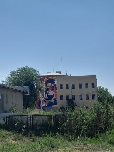 The image captures a section of a building in Artashat, Armenia, adorned with a large, colorful mural. The mural features a stylized portrait of a person wearing sunglasses, with bold lines and vibrant colors. Text in Armenian script is visible above and to the right of the portrait. The building itself is a multi-story structure with numerous windows. In the foreground, lush green foliage and a low fence suggest a natural or undeveloped area adjacent to the urban setting. The sky is clear and blue, indicating a bright, sunny day.