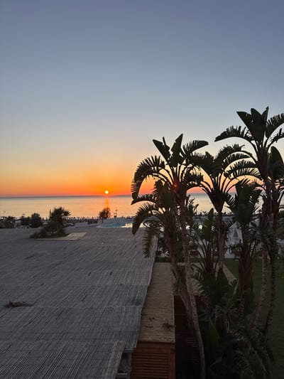 The image depicts a tranquil sunset over the sea at a beach resort, likely located in Isola delle Femmine, Italy. The sun, a brilliant orange orb, is positioned low on the horizon, casting a warm glow across the water and the sky, which transitions from a pale yellow at the horizon to a soft blue overhead. In the foreground, several tall palm trees with lush green fronds are silhouetted against the vibrant sky, adding a tropical feel to the scene. A large structure covered in what appears to be woven reeds or bamboo dominates the lower left of the frame, providing a textured foreground element. Further into the background, a beach is visible with rows of lounge chairs and umbrellas, suggesting a place of relaxation and leisure. A swimming pool with clear blue water is also present, reflecting the twilight sky. The overall atmosphere is serene and picturesque, capturing the beauty of a coastal sunset.