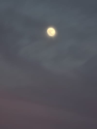 A full moon, illuminated with a yellow hue, is visible in a dusky sky above Quarteira, Portugal. The sky is overcast with thin layers of grey clouds, creating a diffused, hazy atmosphere. The lower portion of the image shows a gradient from a darker grey to a subtle purple tint, suggesting twilight or the onset of night. There are no visible people, structures, or specific landmarks to indicate a precise location within Quarteira. The scene is quiet and serene, dominated by the celestial body and the atmospheric conditions.