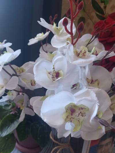 The image depicts a close-up view of a bouquet of artificial white orchids. The orchids have delicate petals with greenish-yellow centers speckled with maroon. Some of the flower stems are a dark reddish-brown, and some have small, dark red buds. In the background, there is a hint of red roses and dark green foliage, suggesting a mixed floral arrangement. The arrangement is placed in a vase, partially visible at the bottom, tied with a thin rope. The lighting suggests an indoor setting, possibly near a window, casting a soft glow on the flowers. To the lower right, a portion of a framed photograph featuring a man's face is visible. There is no discernible information in the image to indicate its location in the city of Tallinn, Armenia.