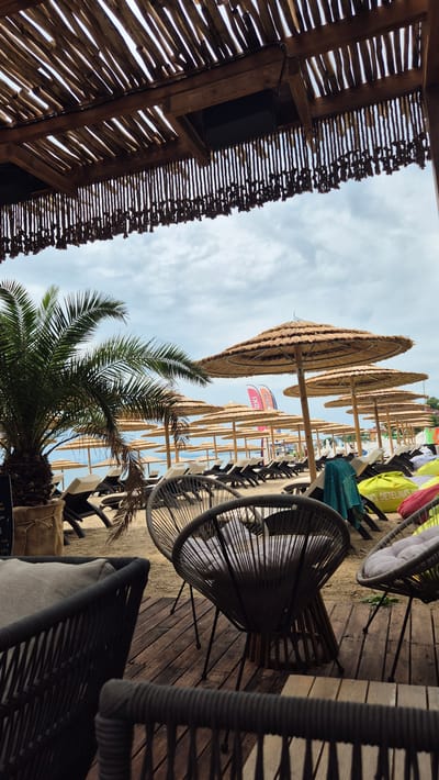 This image captures a beachfront cafe scene in Ravda, Bulgaria. In the foreground, several contemporary woven chairs with light-colored cushions are arranged on a wooden deck. Beyond the chairs, the sandy beach is lined with numerous straw-covered umbrellas and empty lounge chairs, suggesting a quiet moment before or after peak visitor times. A palm tree stands to the left, adding a tropical touch to the setting. In the background, the calm sea meets a cloudy sky. The overall impression is one of relaxation and seaside leisure.