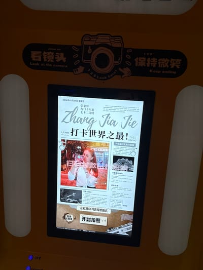 The image captures a photo booth in Zhangjiajie, China, featuring a screen displaying a newspaper-style photo layout, inviting users to "Look at the camera" and "Keep smiling". The screen shows the headline "Zhangjiajie, The best in the world!" against a background featuring a woman, likely an influencer, posing for a photo within a city scene. The layout includes various tourism-related snippets like "70 all-holographic light show and night performance", "Depth tourism recommendations," and "Door small stickers." The interface allows users to swipe to select a newspaper format and start the photo shoot. Additional features include an option to use coupons, up/down buttons, and information about customer service. Graphics around the screen show a camera with instructions in English and Chinese to look at the camera.