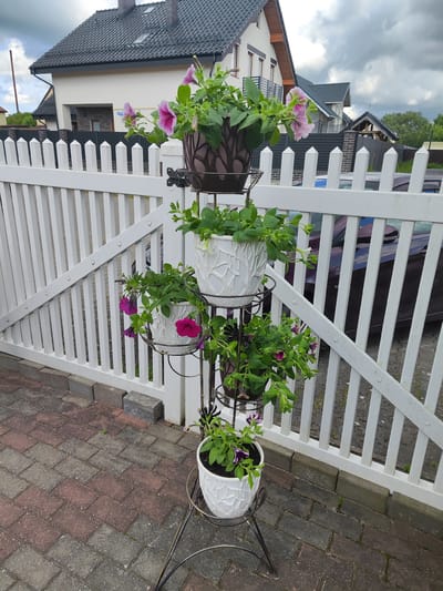 A multi-tiered plant stand with flowering plants sits in front of a white picket fence. The plant stand has four pots, two of which are white with a textured pattern, and two are dark brown with a decorative pattern. The pots contain petunias with pink and purple flowers. In the background, a modern house with a dark roof and light-colored walls is visible, along with a dark-colored car parked behind the fence. The ground is paved with interlocking bricks in red and grey. The sky is overcast with dark clouds, suggesting it might be a cloudy or rainy day. The scene appears to be a residential outdoor area, likely a garden or yard. There is no visible text in the image. The overall impression is a well-maintained outdoor space with decorative elements.