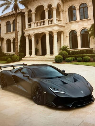 A matte black supercar is parked on a light-colored paved driveway in front of a large, ornate mansion. The mansion has a light stone facade, arched windows and doorways, and a balcony supported by columns. There are manicured bushes and a palm tree in front of the mansion. The car has a prominent rear spoiler and appears to be a high-performance vehicle. The image is taken from a slightly elevated perspective. The scene appears to be in a wealthy residential area.