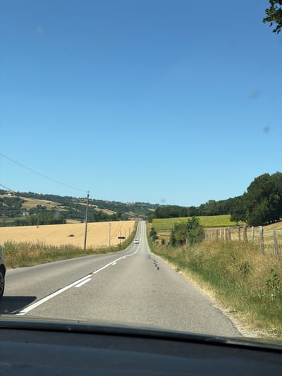 This media file captures a view from a car traveling along a rural road in Oyeu, France. The scene is dominated by a vast expanse of clear blue sky on the left, with a hint of tree foliage in the upper left corner. On the right, the road curves gently, bordered by dry, grassy verges and a field of yellowing crops. Beyond the fields, a dense line of dark green trees stretches across the horizon, suggesting a forested area or hills. A white car is visible on the road further ahead, and a couple of utility poles with wires punctuate the landscape. The sun appears to be high in the sky, indicating it is likely midday. The overall impression is one of a bright, sunny day in a tranquil countryside setting.