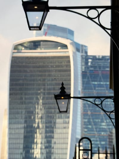 The image displays a detailed view of an urban cityscape, captured through what appears to be a mesh screen or textured glass, evident from the pervasive grid pattern across the entire frame. In the immediate foreground, two ornate, dark-colored metal lanterns are visible. The upper lantern, partially cropped at the top, features a rectangular glass enclosure with an illuminated internal light source. A second, smaller lantern is positioned towards the lower center-left, also displaying a glowing light within its structure. Extending from the lower lantern towards the right and bottom, a dark, decorative metal railing with circular motifs is present.
The midground is dominated by a distinctive, modern skyscraper with a curved, concave-convex profile, specifically identified as **20 Fenchurch Street**, commonly known as the "Walkie-Talkie building." Its glass facade reflects ambient light, and the distinctive shape, widening towards the top, is clearly discernible despite being out of focus. Further in the background, additional modern high-rise buildings with reflective glass facades are visible, rendered in shades of blue and grey and appearing blurred. No individuals are present or identifiable in the scene. The lighting conditions suggest either daytime or early twilight, given the active illumination of the lanterns against the backdrop of the city buildings.
Forensically, the prominent building, 20 Fenchurch Street, is unequivocally located in **London**, United Kingdom, not in Maidstone, United Kingdom, as suggested in the prompt.
