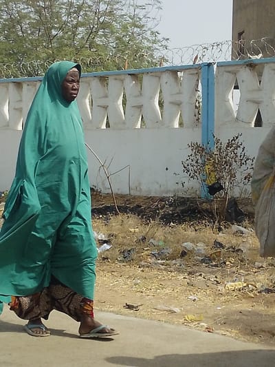 An outdoor scene in Gandu Albasa, Nigeria, depicts a woman walking on a paved edge next to a dirt area strewn with refuse. The woman, who appears to be of older age, walks from left to right, looking slightly downward and forward. She wears a teal-green head covering and full-length garment, patterned trousers underneath, and light-colored flip-flops. Her left arm is slightly bent, holding the garment. To the right, part of another individual is visible, carrying what appears to be a light-colored bag.
The immediate environment consists of dry, parched ground covered with scattered debris, including plastic bags, paper, and other discarded items. A small, dry bush with dark foliage stands in the mid-ground. In the background, a white wall with a decorative pattern of interlocking shapes (resembling 'H's or hourglasses) runs horizontally. The wall's coping and vertical supports are painted blue. Strands of razor wire are affixed to the top of the wall. Behind the wall, sparse trees with light green foliage are visible under a clear sky. A partial view of a building, possibly constructed of concrete or adobe, is visible behind the wall in the upper right quadrant. The scene is brightly lit by daylight, casting shadows on the ground.